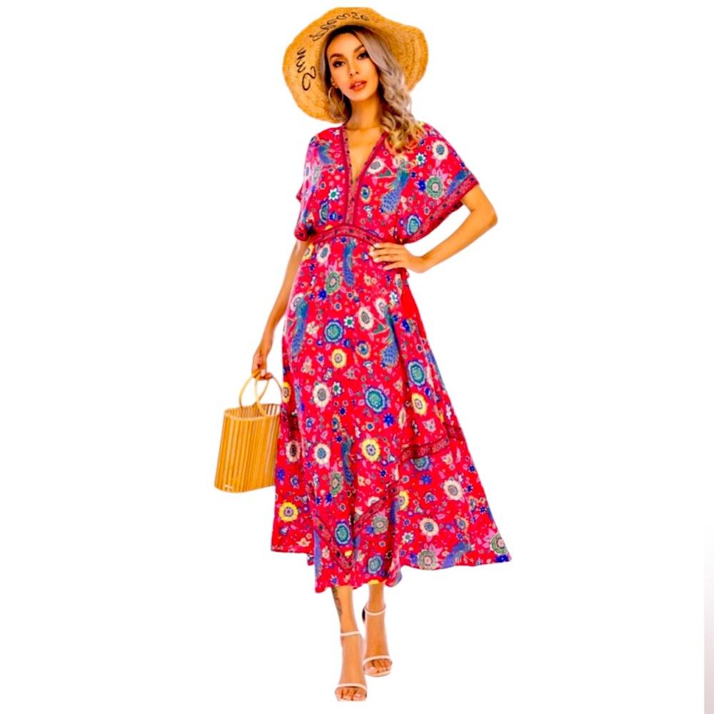 NWT R Vivimos Floral Vibrant Pink Red Blue Maxi Dress summertime cover up swim L